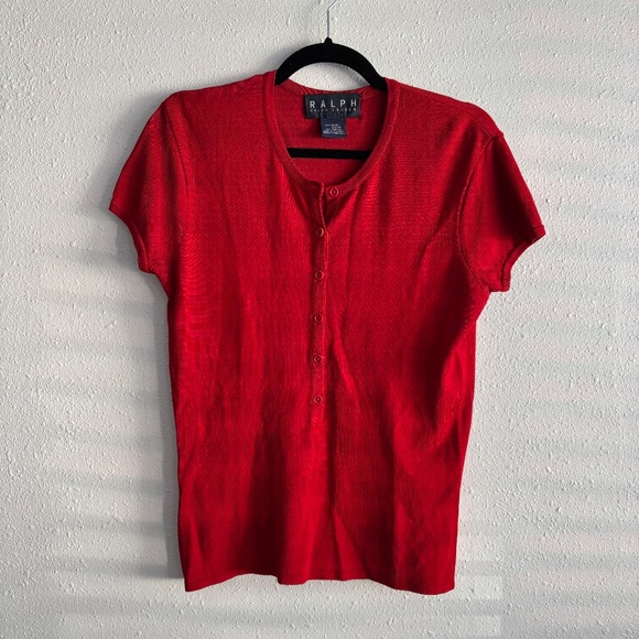 RALPH Ralph Lauren Vintage Red Short Sleeve 3/4 Button Knit Sweater Top - Picture 1 of 6